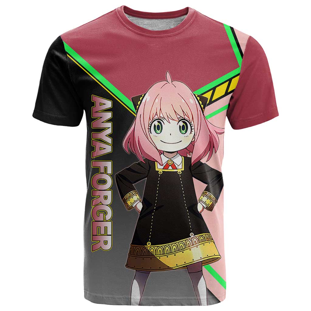 Anya Forger Spy x Family Pink and Black Theme T Shirt with Cheerful Pose and Cartoon Style Accents - The Mazicc
