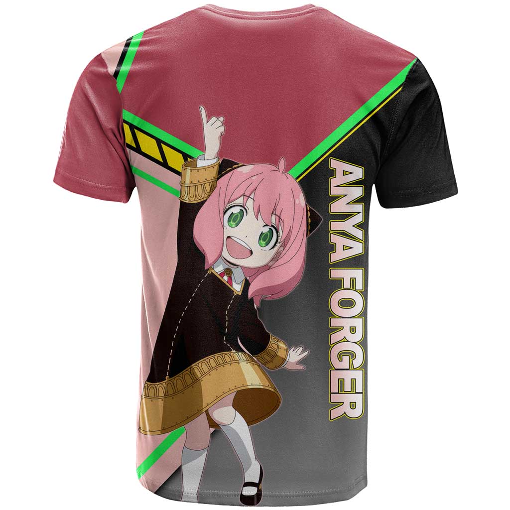 Anya Forger Spy x Family Pink and Black Theme T Shirt with Cheerful Pose and Cartoon Style Accents - The Mazicc