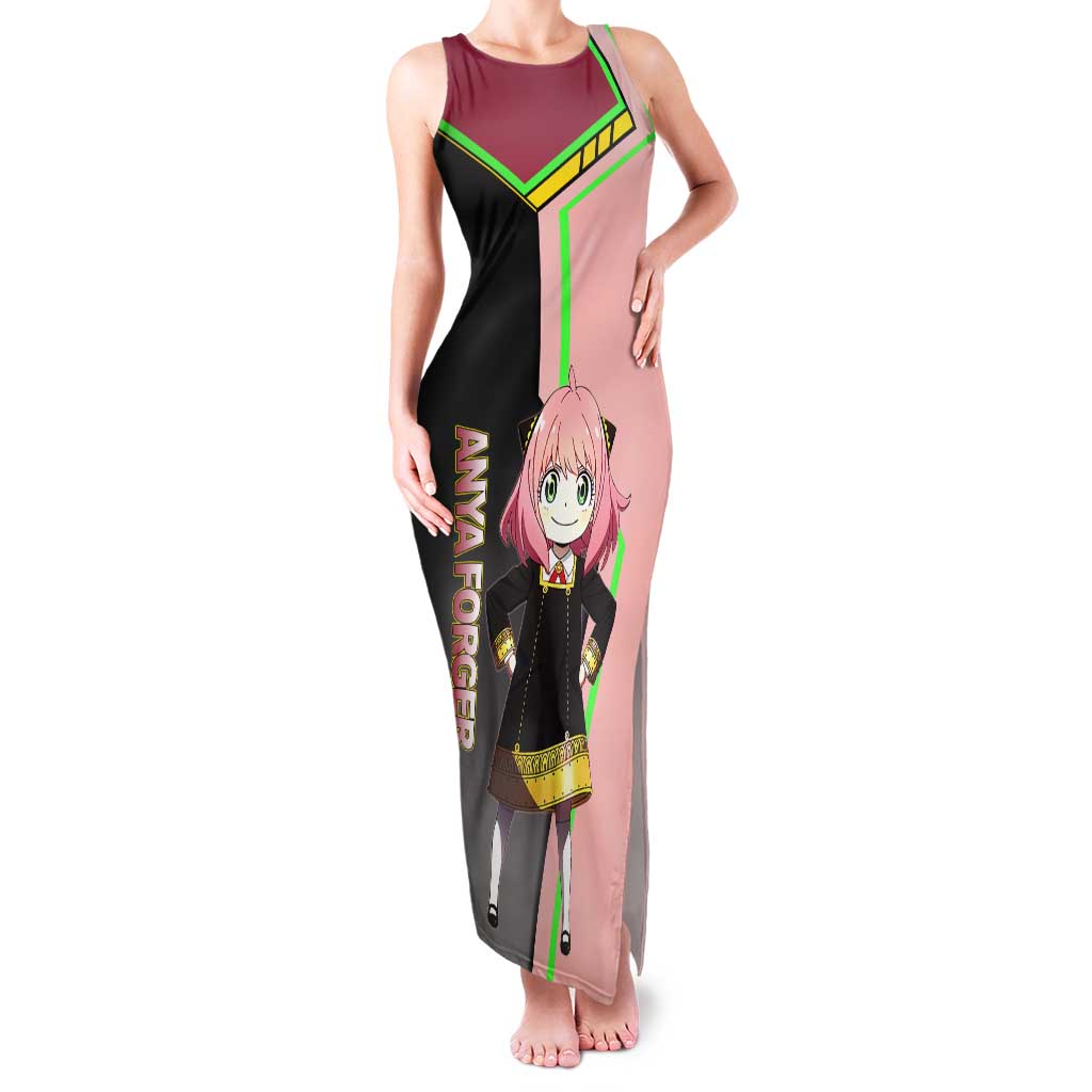 Anya Forger Spy x Family Pink and Black Theme Tank Maxi Dress with Cheerful Pose and Cartoon Style Accents - The Mazicc