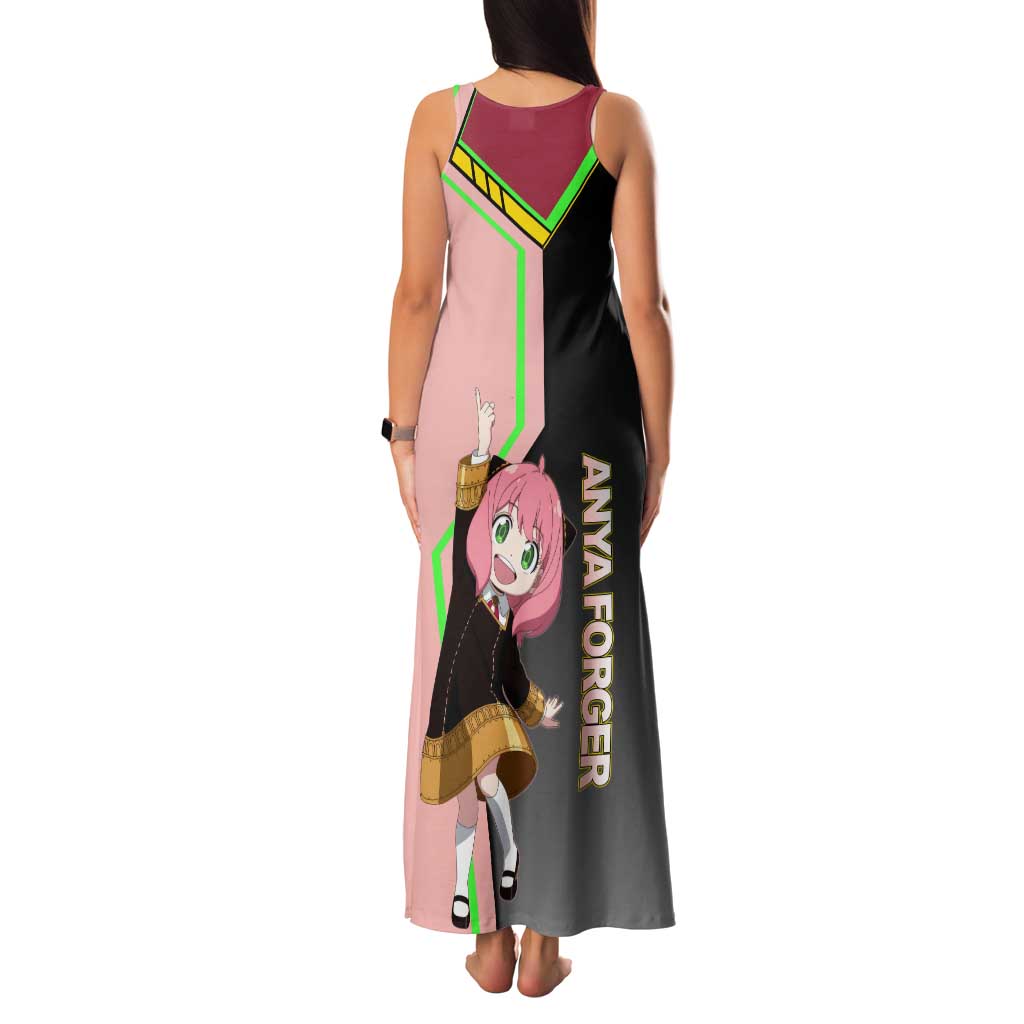 Anya Forger Spy x Family Pink and Black Theme Tank Maxi Dress with Cheerful Pose and Cartoon Style Accents - The Mazicc