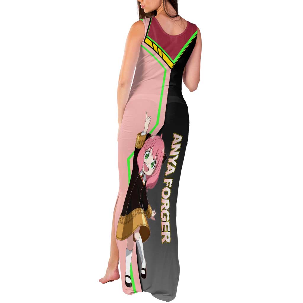 Anya Forger Spy x Family Pink and Black Theme Tank Maxi Dress with Cheerful Pose and Cartoon Style Accents - The Mazicc