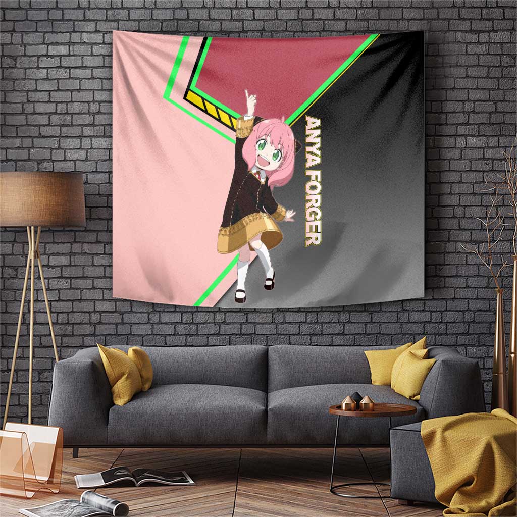 Anya Forger Spy x Family Pink and Black Theme Tapestry with Cheerful Pose and Cartoon Style Accents - The Mazicc