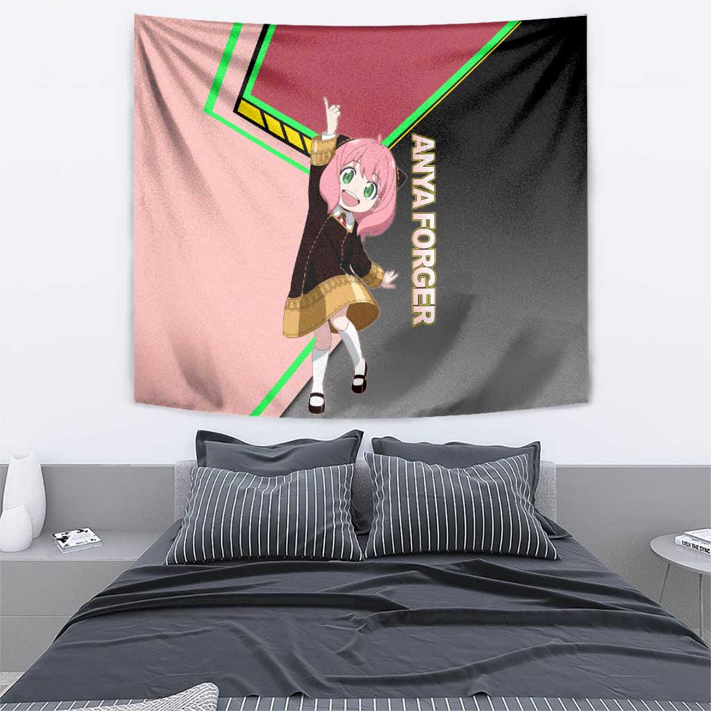 Anya Forger Spy x Family Pink and Black Theme Tapestry with Cheerful Pose and Cartoon Style Accents - The Mazicc