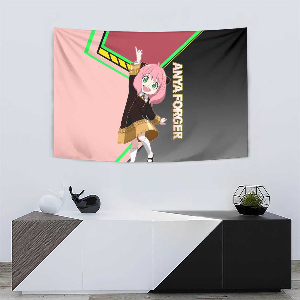 Anya Forger Spy x Family Pink and Black Theme Tapestry with Cheerful Pose and Cartoon Style Accents - The Mazicc
