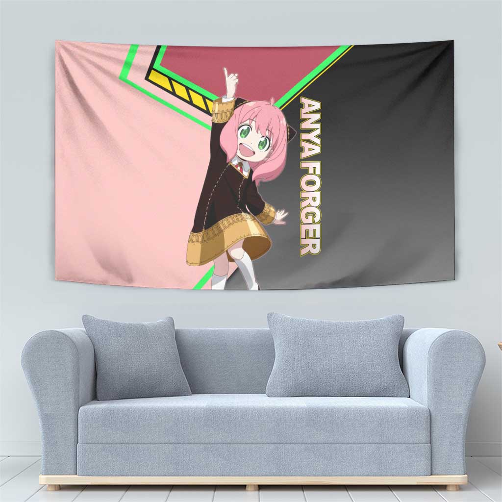 Anya Forger Spy x Family Pink and Black Theme Tapestry with Cheerful Pose and Cartoon Style Accents - The Mazicc