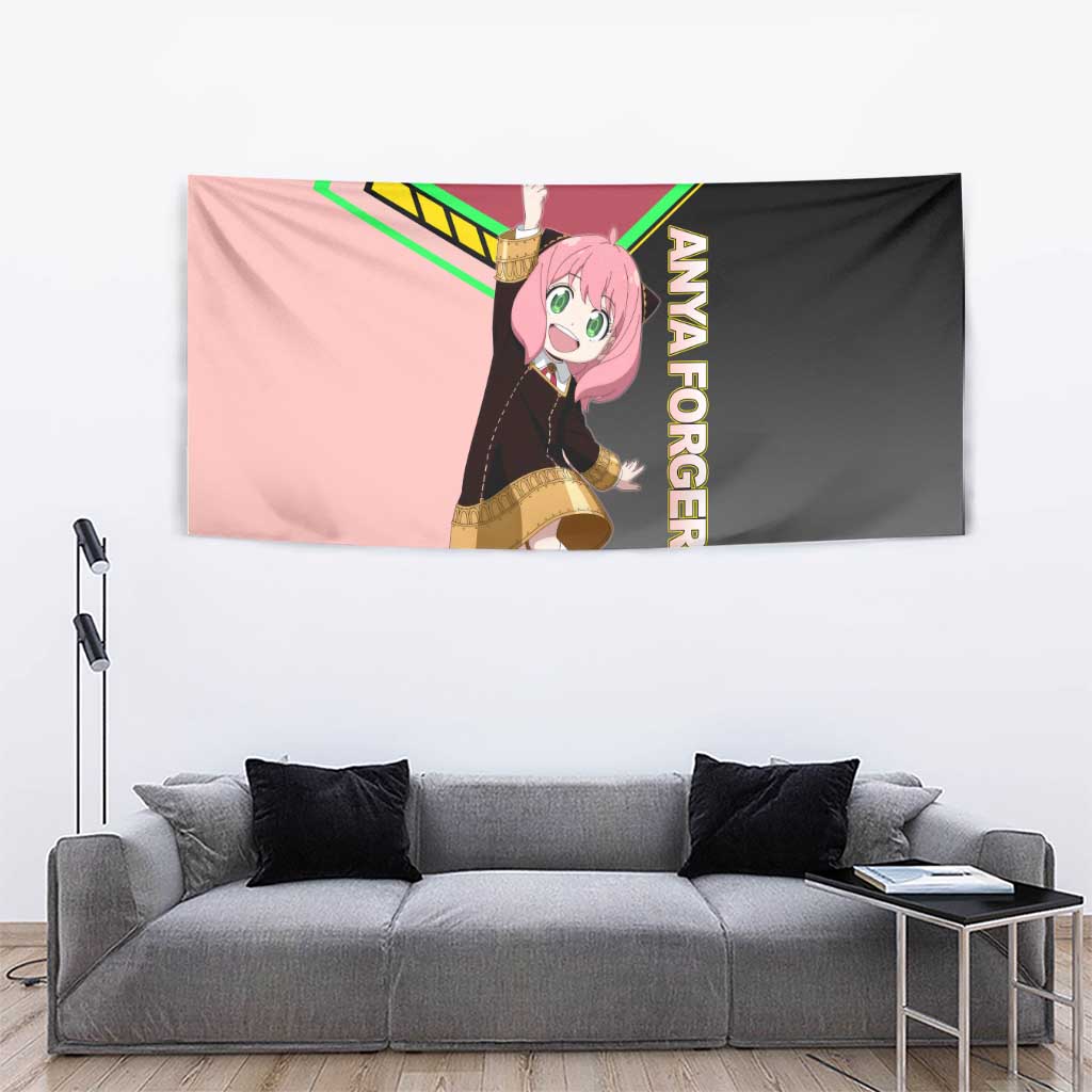 Anya Forger Spy x Family Pink and Black Theme Tapestry with Cheerful Pose and Cartoon Style Accents - The Mazicc