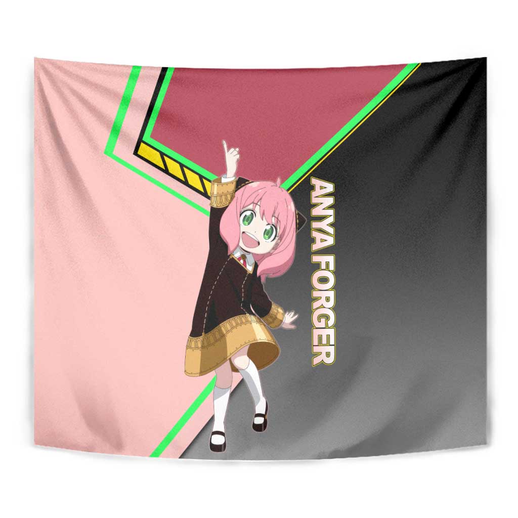 Anya Forger Spy x Family Pink and Black Theme Tapestry with Cheerful Pose and Cartoon Style Accents - The Mazicc