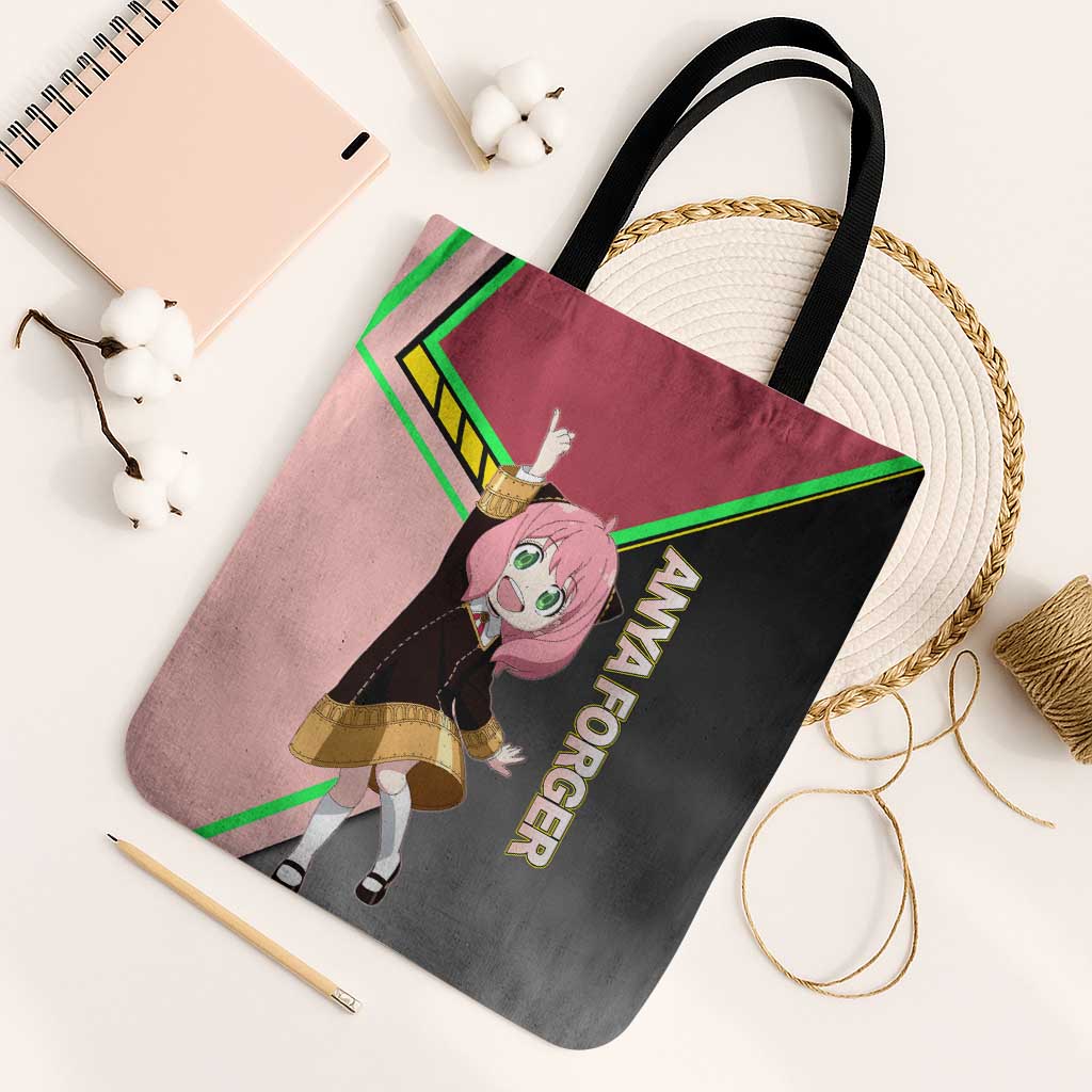 Anya Forger Spy x Family Pink and Black Theme Tote Bag with Cheerful Pose and Cartoon Style Accents - The Mazicc