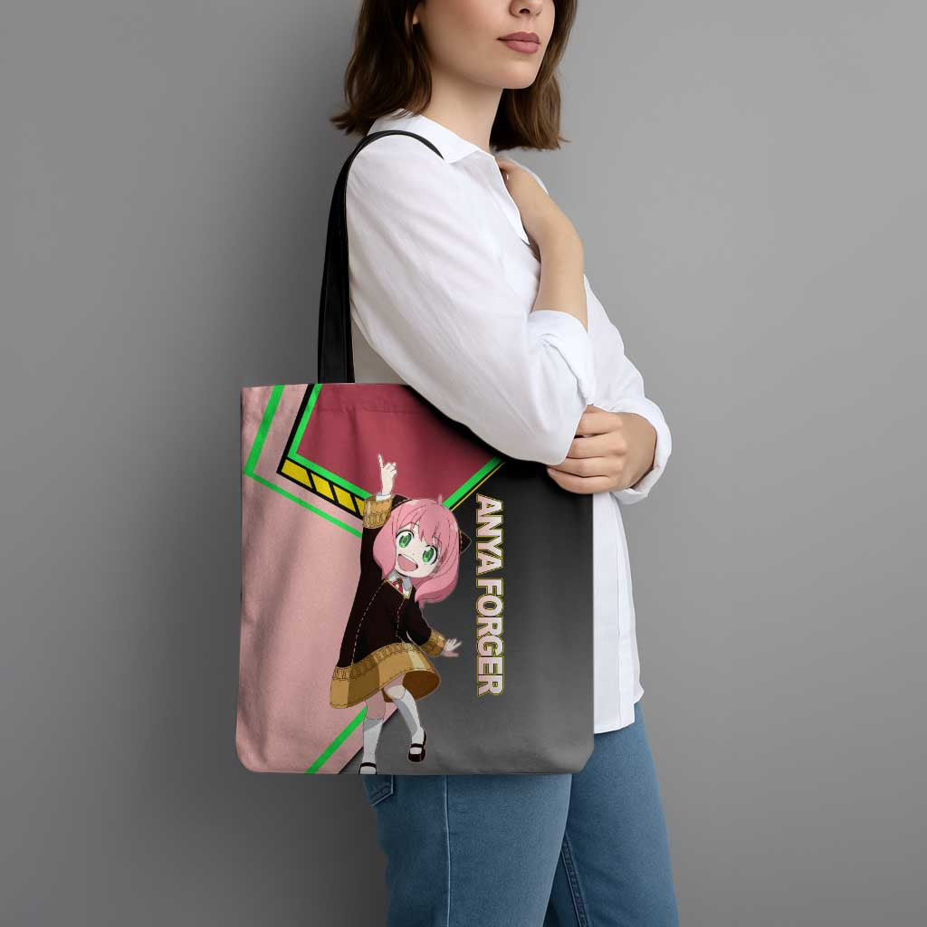 Anya Forger Spy x Family Pink and Black Theme Tote Bag with Cheerful Pose and Cartoon Style Accents - The Mazicc