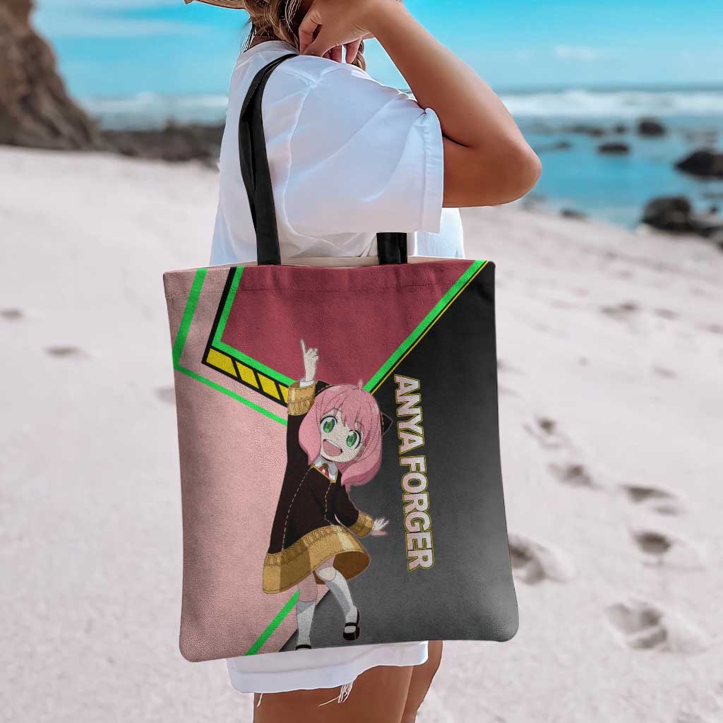 Anya Forger Spy x Family Pink and Black Theme Tote Bag with Cheerful Pose and Cartoon Style Accents - The Mazicc