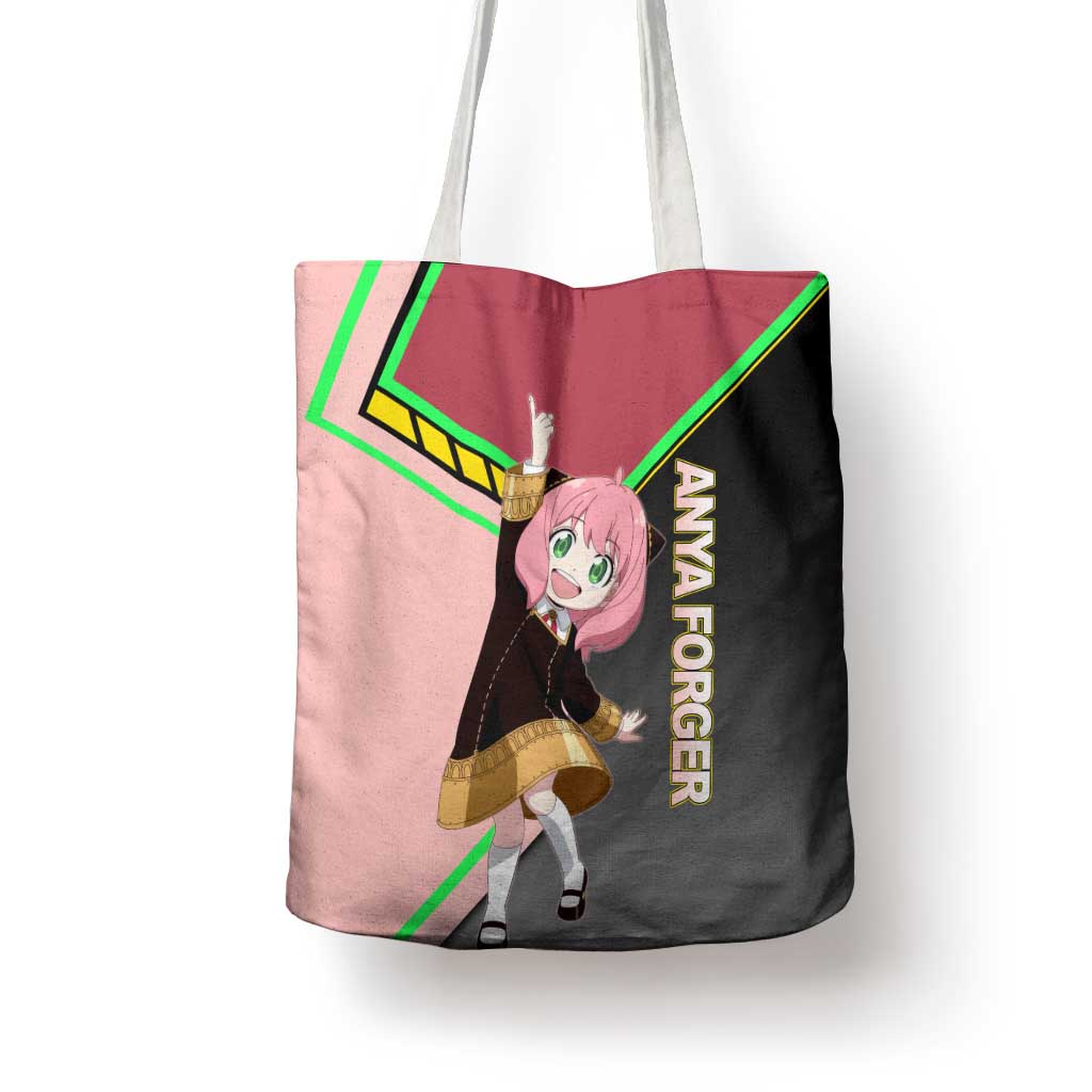 Anya Forger Spy x Family Pink and Black Theme Tote Bag with Cheerful Pose and Cartoon Style Accents - The Mazicc