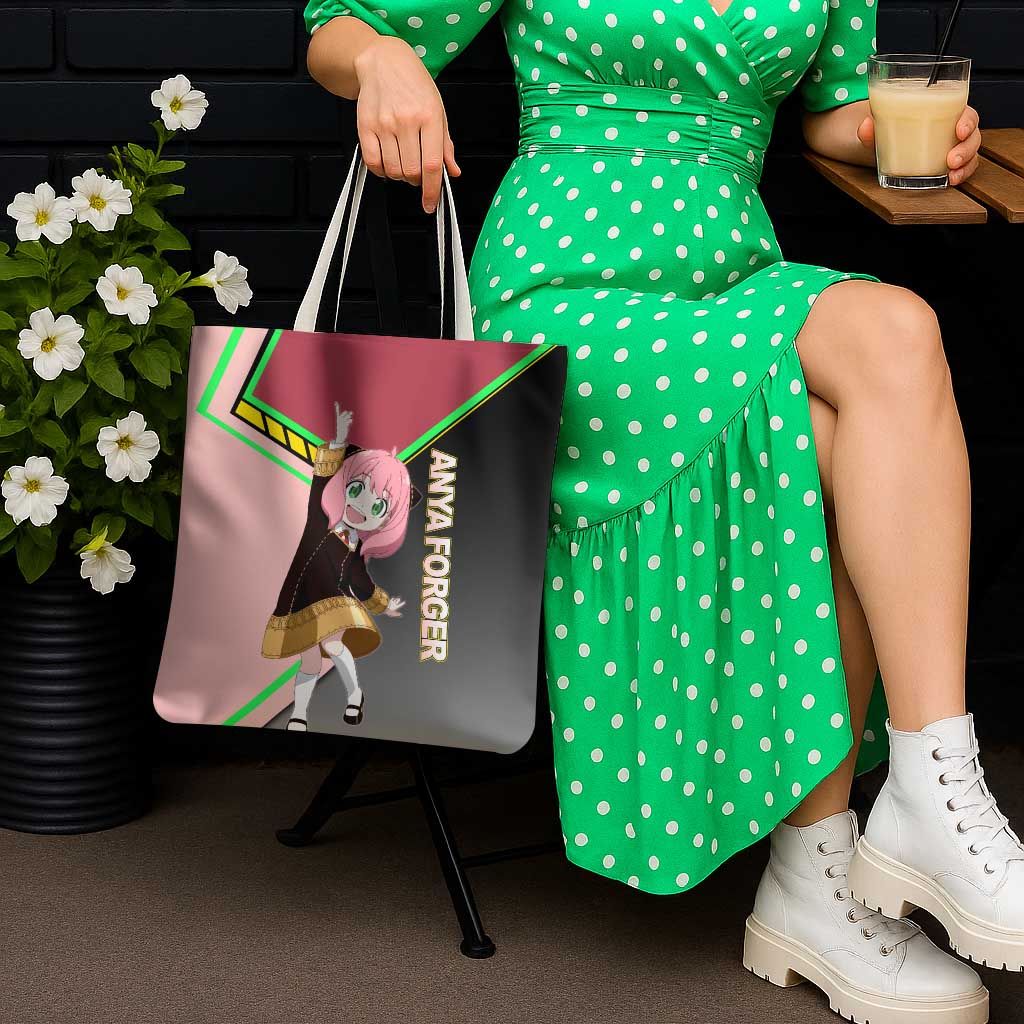 Anya Forger Spy x Family Pink and Black Theme Tote Bag with Cheerful Pose and Cartoon Style Accents - The Mazicc