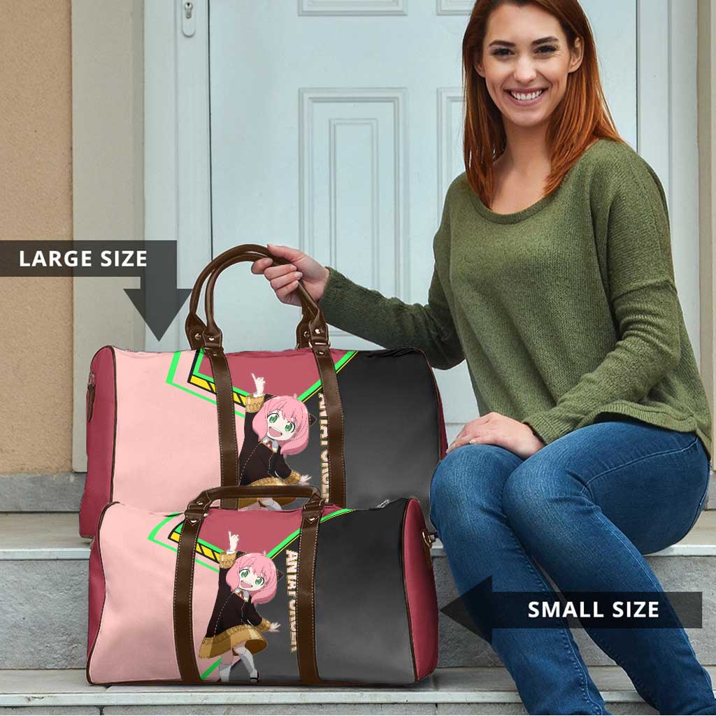 Anya Forger Spy x Family Pink and Black Theme Travel Bag with Cheerful Pose and Cartoon Style Accents - The Mazicc