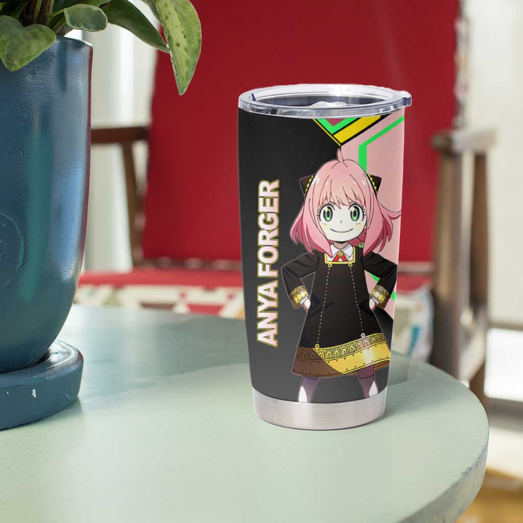 Anya Forger Spy x Family Pink and Black Theme Tumbler Cup with Cheerful Pose and Cartoon Style Accents - The Mazicc
