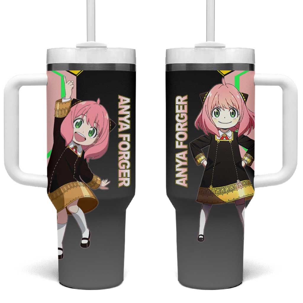 Anya Forger Spy x Family Pink and Black Theme Tumbler With Handle with Cheerful Pose and Cartoon Style Accents - The Mazicc