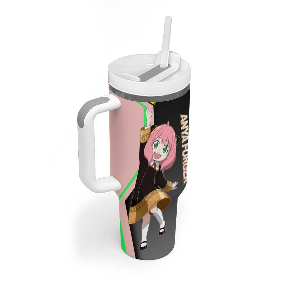 Anya Forger Spy x Family Pink and Black Theme Tumbler With Handle with Cheerful Pose and Cartoon Style Accents - The Mazicc