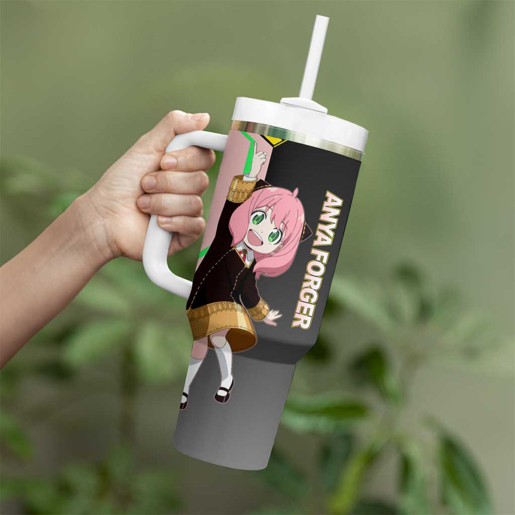 Anya Forger Spy x Family Pink and Black Theme Tumbler With Handle with Cheerful Pose and Cartoon Style Accents - The Mazicc