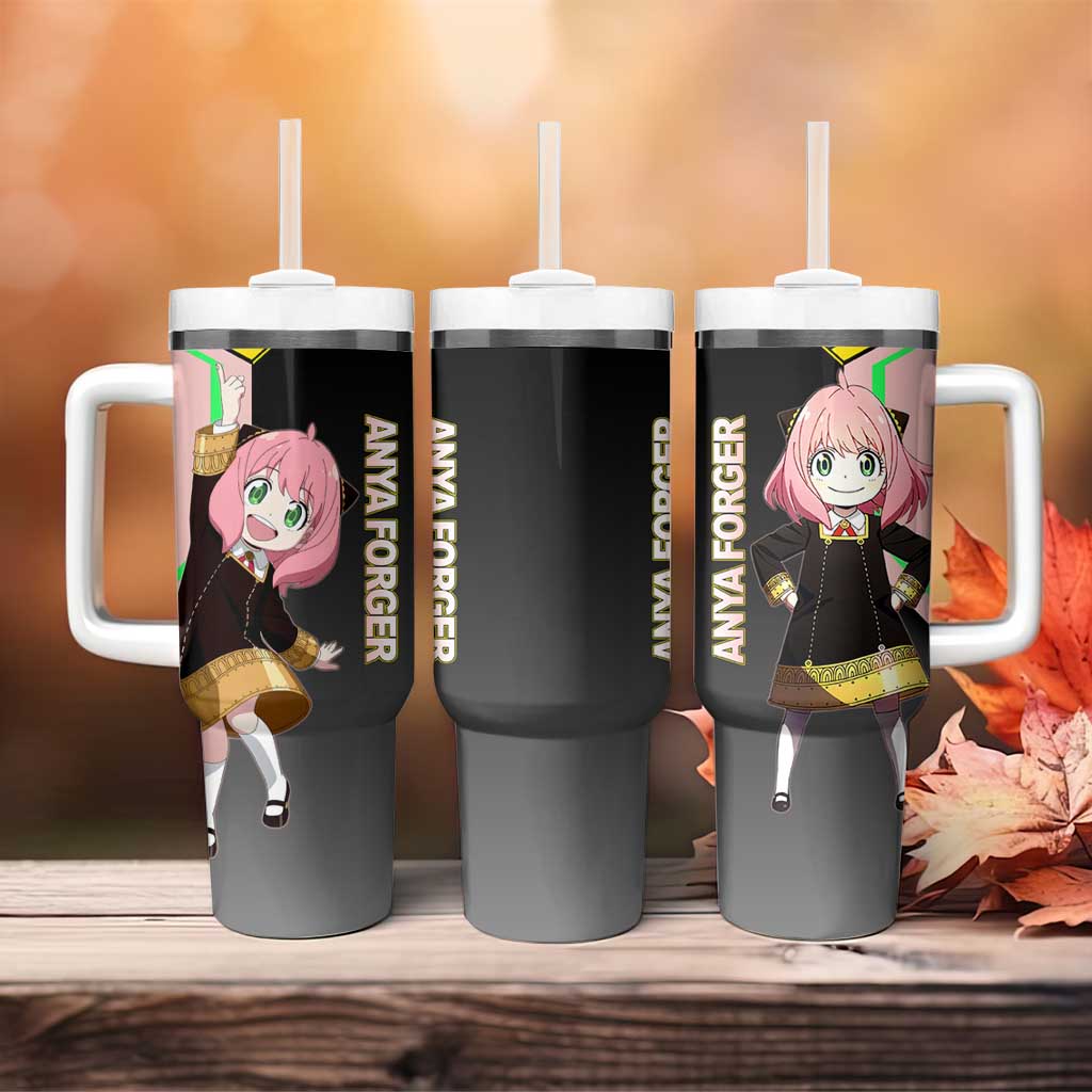 Anya Forger Spy x Family Pink and Black Theme Tumbler With Handle with Cheerful Pose and Cartoon Style Accents - The Mazicc