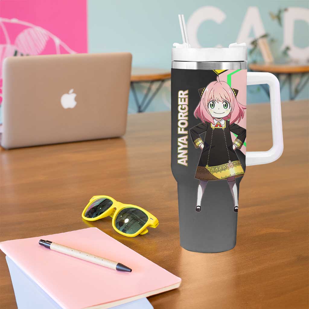 Anya Forger Spy x Family Pink and Black Theme Tumbler With Handle with Cheerful Pose and Cartoon Style Accents - The Mazicc