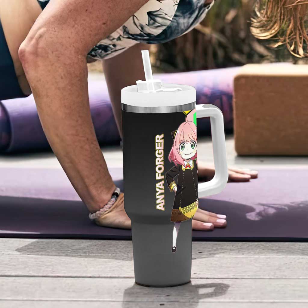 Anya Forger Spy x Family Pink and Black Theme Tumbler With Handle with Cheerful Pose and Cartoon Style Accents - The Mazicc