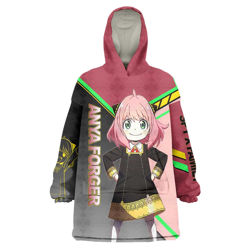 Anya Forger Spy x Family Pink and Black Theme Wearable Blanket Hoodie with Cheerful Pose and Cartoon Style Accents - The Mazicc