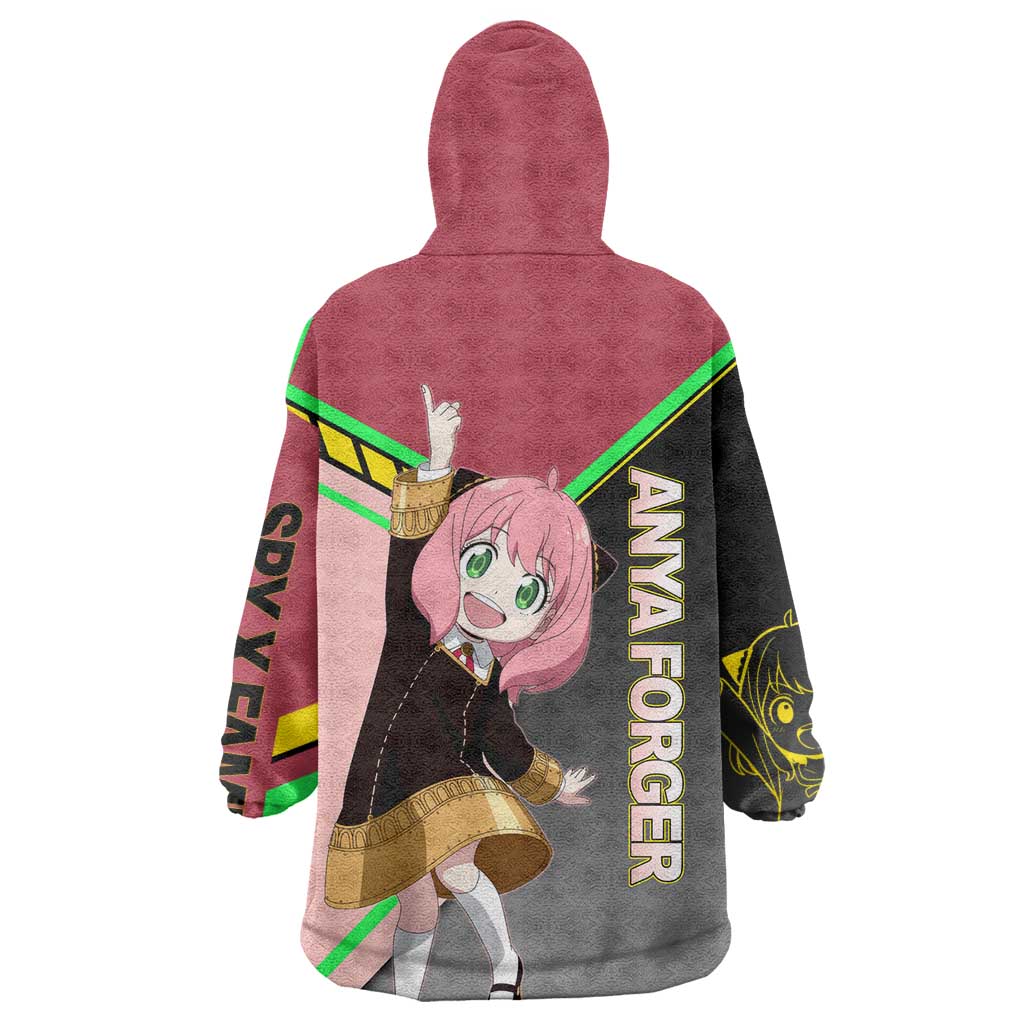 Anya Forger Spy x Family Pink and Black Theme Wearable Blanket Hoodie with Cheerful Pose and Cartoon Style Accents - The Mazicc