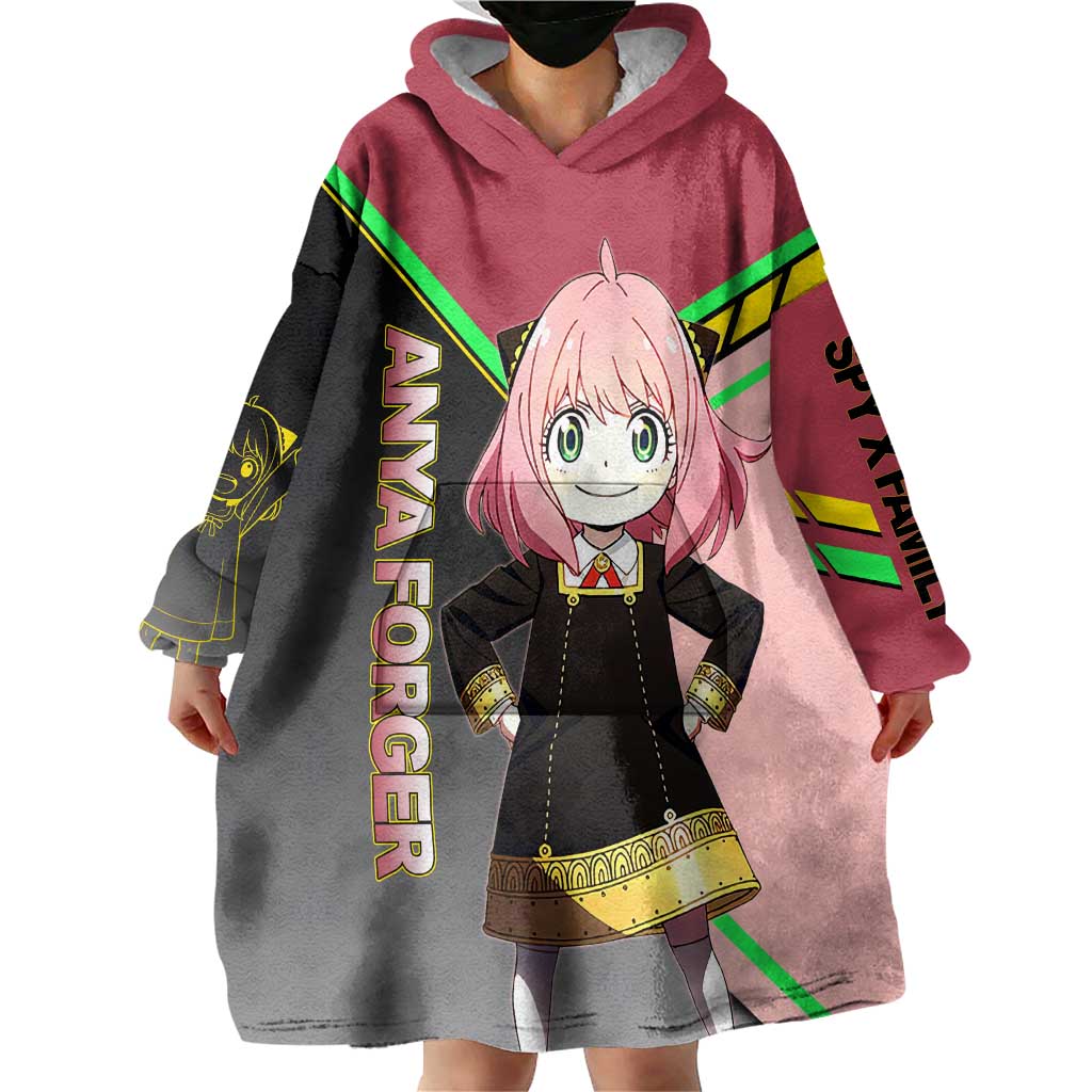 Anya Forger Spy x Family Pink and Black Theme Wearable Blanket Hoodie with Cheerful Pose and Cartoon Style Accents - The Mazicc
