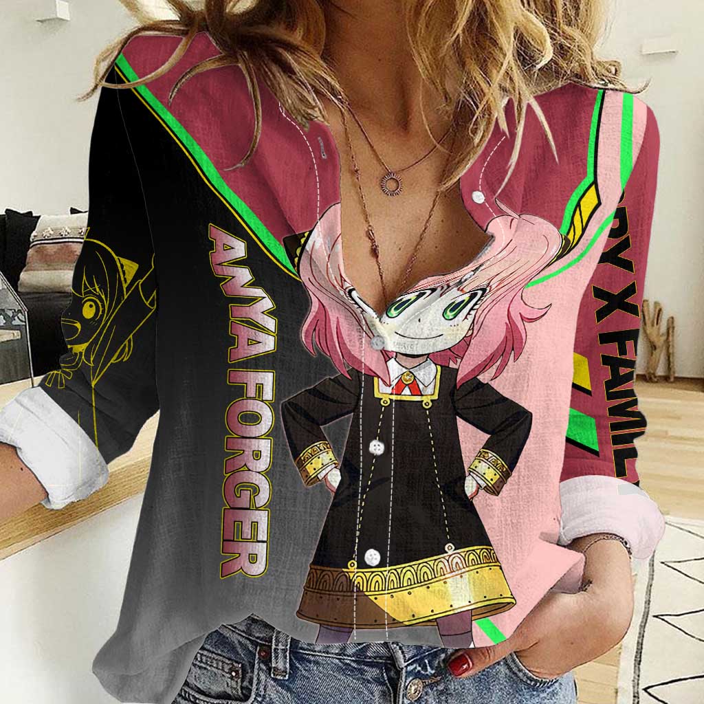 Anya Forger Spy x Family Pink and Black Theme Women Casual Shirt with Cheerful Pose and Cartoon Style Accents - The Mazicc
