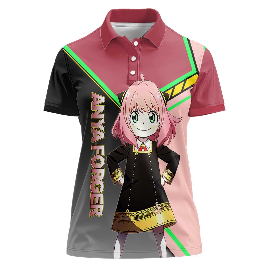 Anya Forger Spy x Family Pink and Black Theme Women Polo Shirt with Cheerful Pose and Cartoon Style Accents - The Mazicc