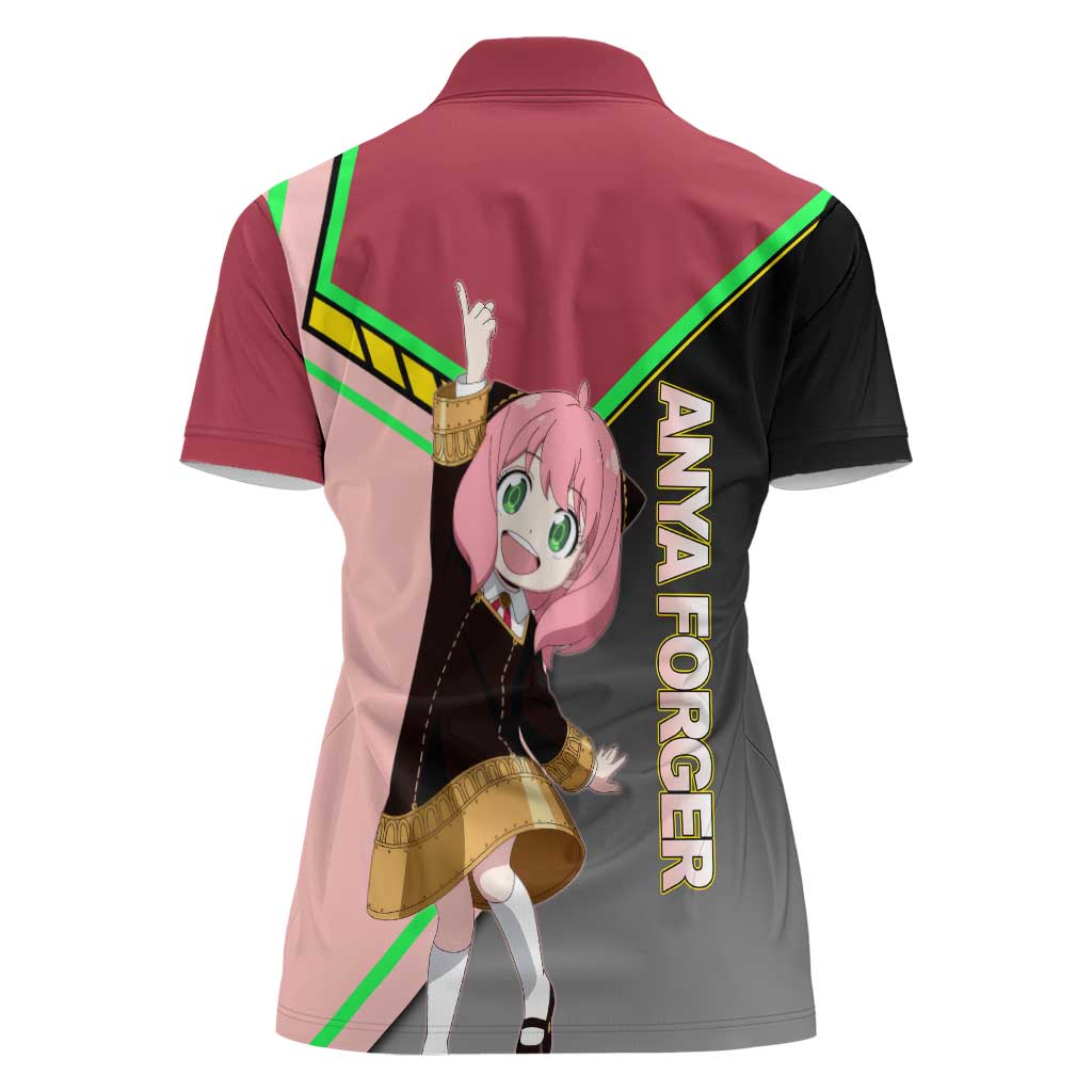 Anya Forger Spy x Family Pink and Black Theme Women Polo Shirt with Cheerful Pose and Cartoon Style Accents - The Mazicc