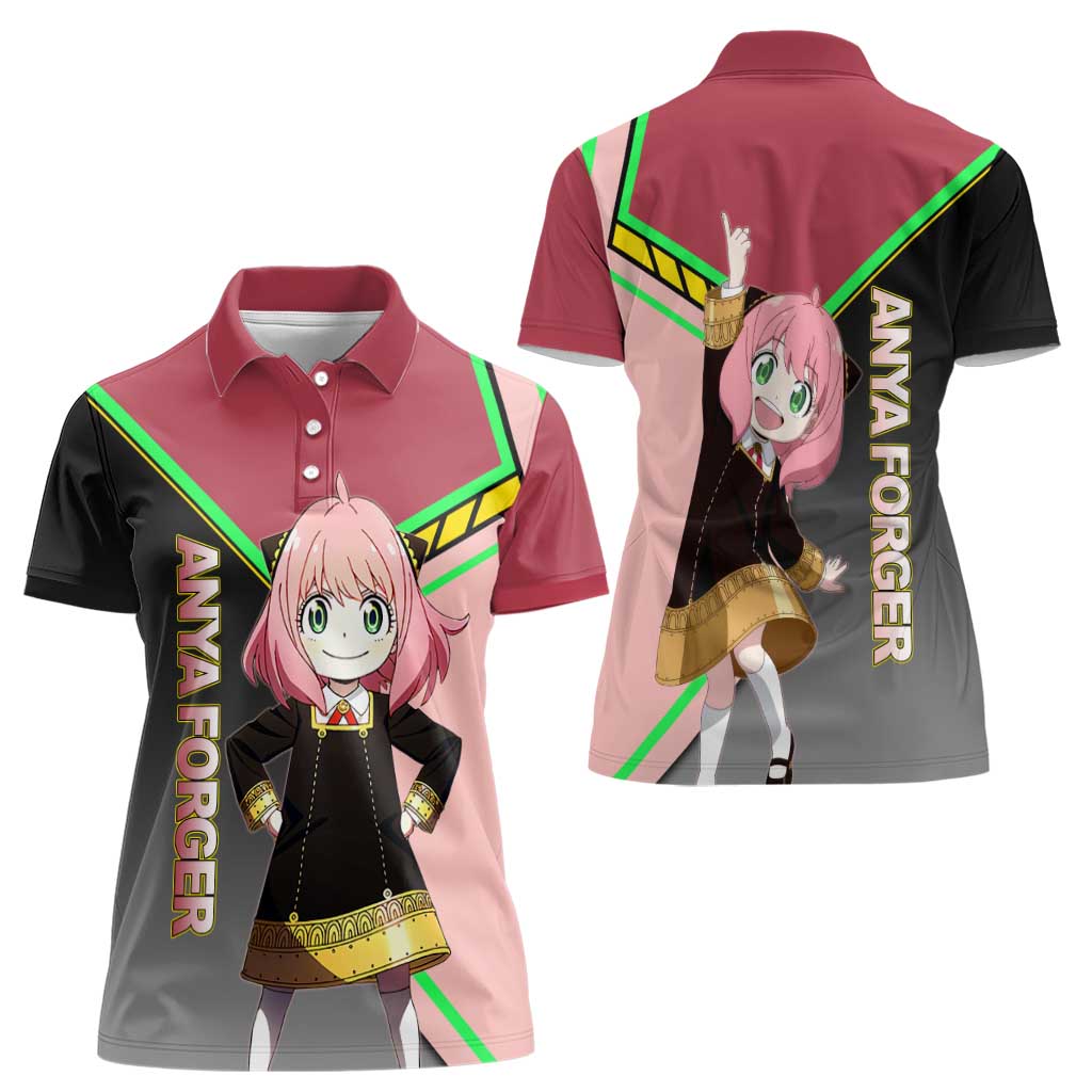 Anya Forger Spy x Family Pink and Black Theme Women Polo Shirt with Cheerful Pose and Cartoon Style Accents - The Mazicc