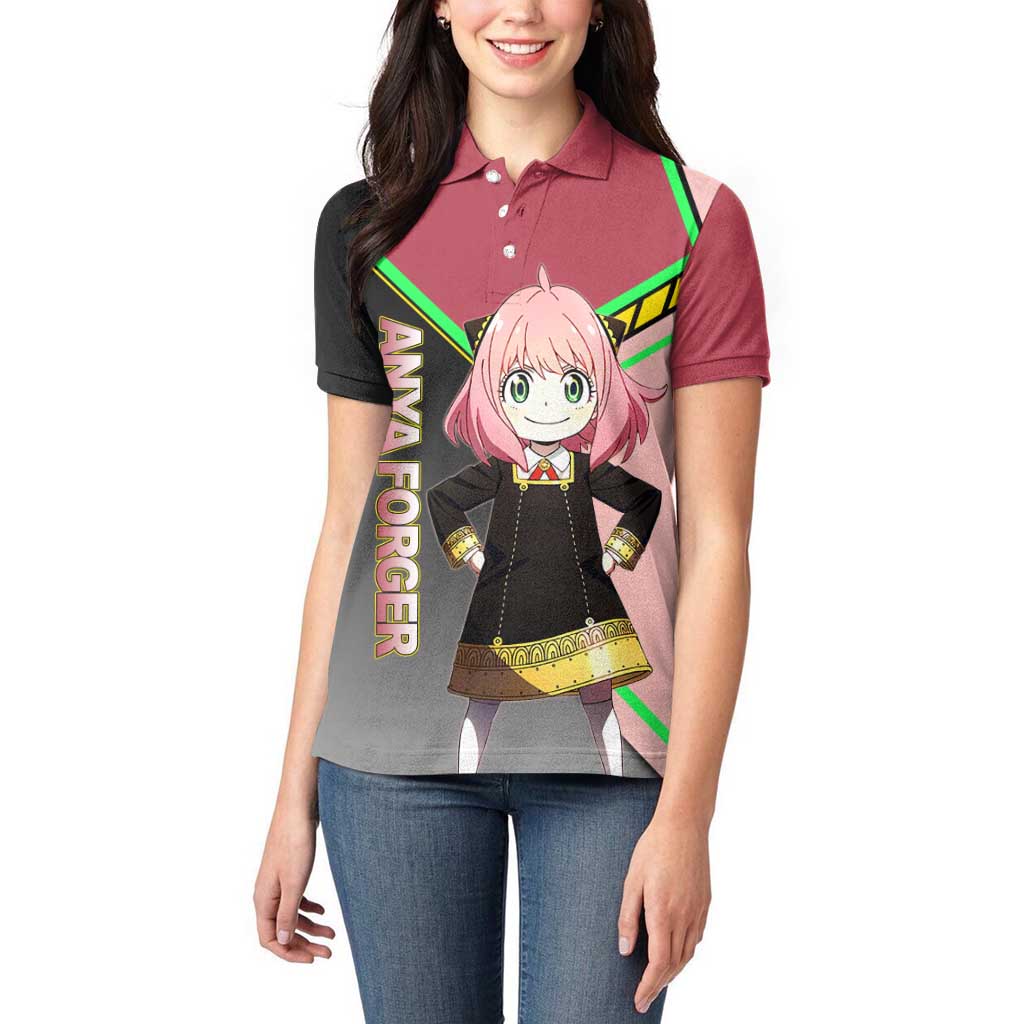 Anya Forger Spy x Family Pink and Black Theme Women Polo Shirt with Cheerful Pose and Cartoon Style Accents - The Mazicc
