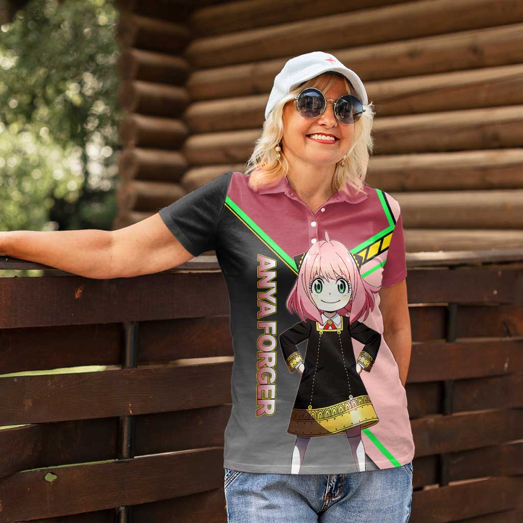 Anya Forger Spy x Family Pink and Black Theme Women Polo Shirt with Cheerful Pose and Cartoon Style Accents - The Mazicc