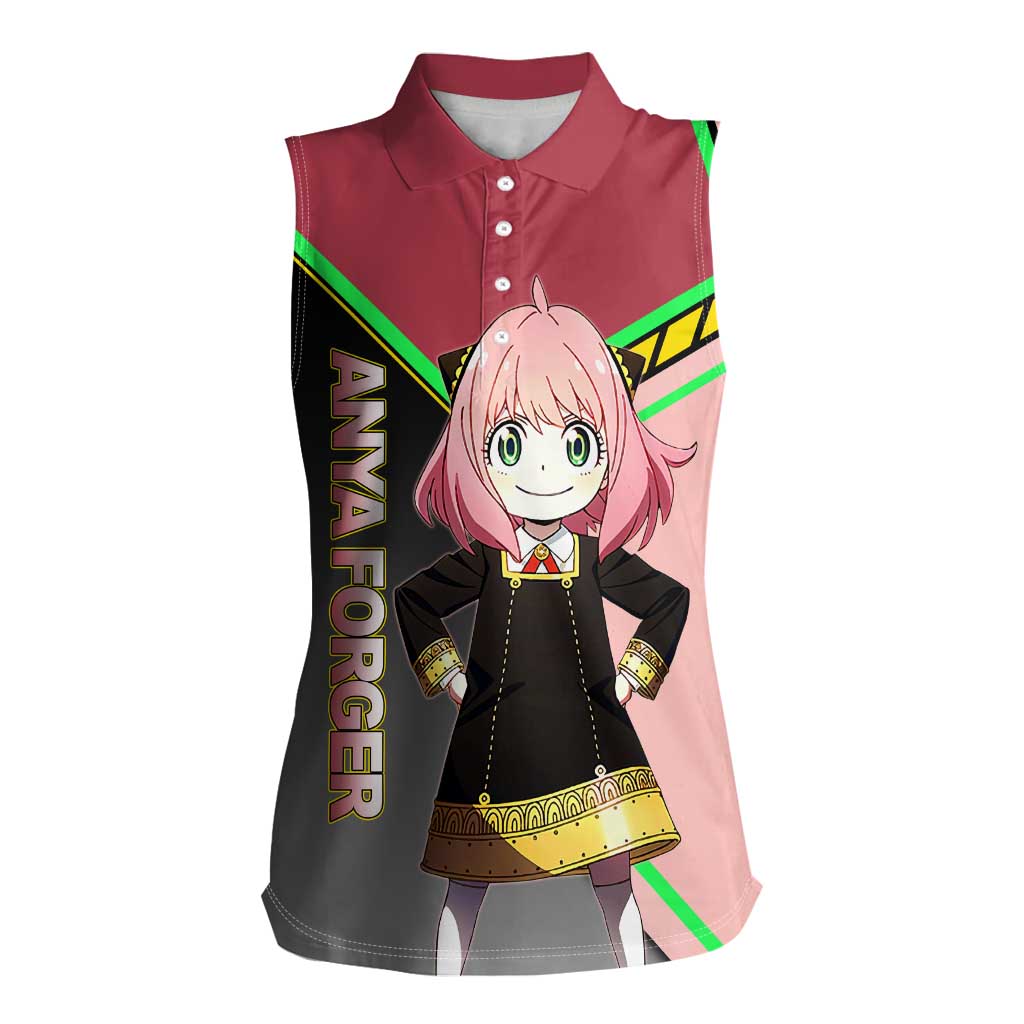 Anya Forger Spy x Family Pink and Black Theme Women Sleeveless Polo Shirt with Cheerful Pose and Cartoon Style Accents - The Mazicc