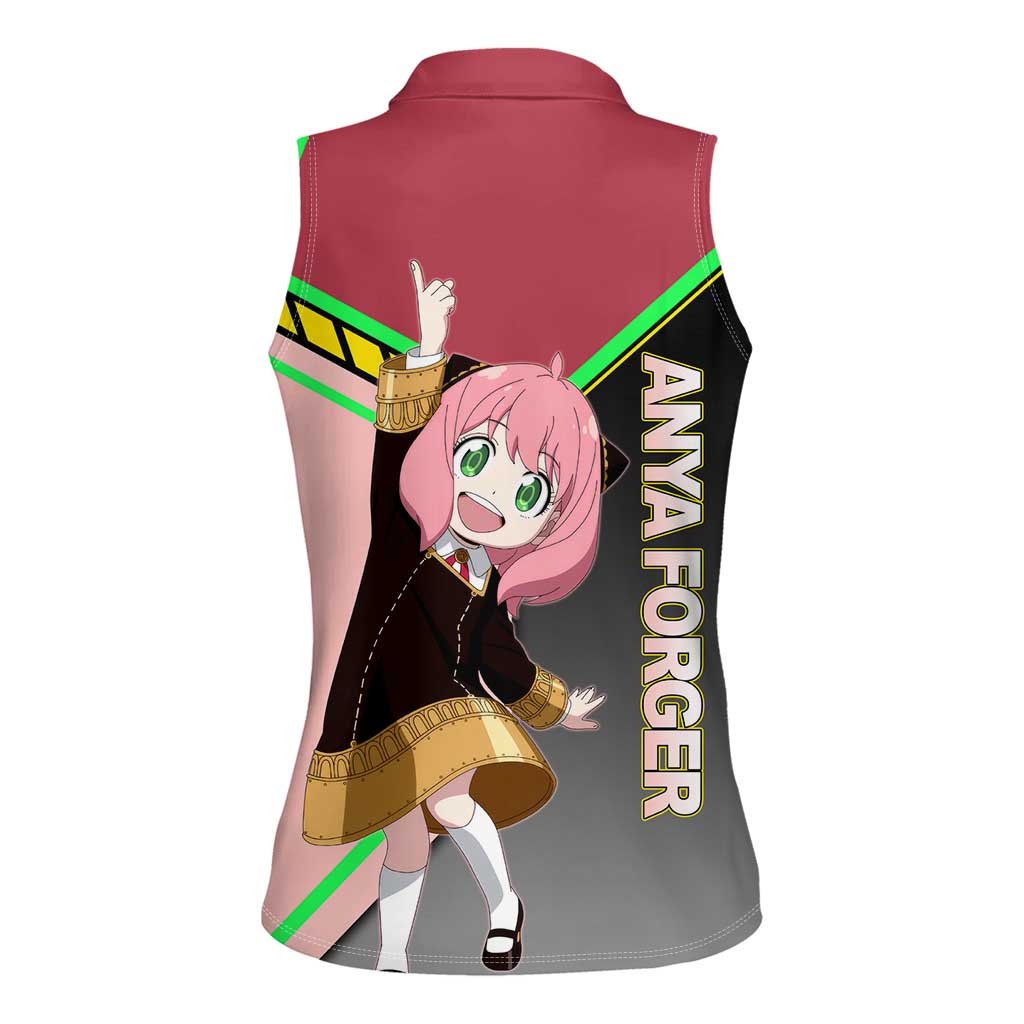Anya Forger Spy x Family Pink and Black Theme Women Sleeveless Polo Shirt with Cheerful Pose and Cartoon Style Accents - The Mazicc