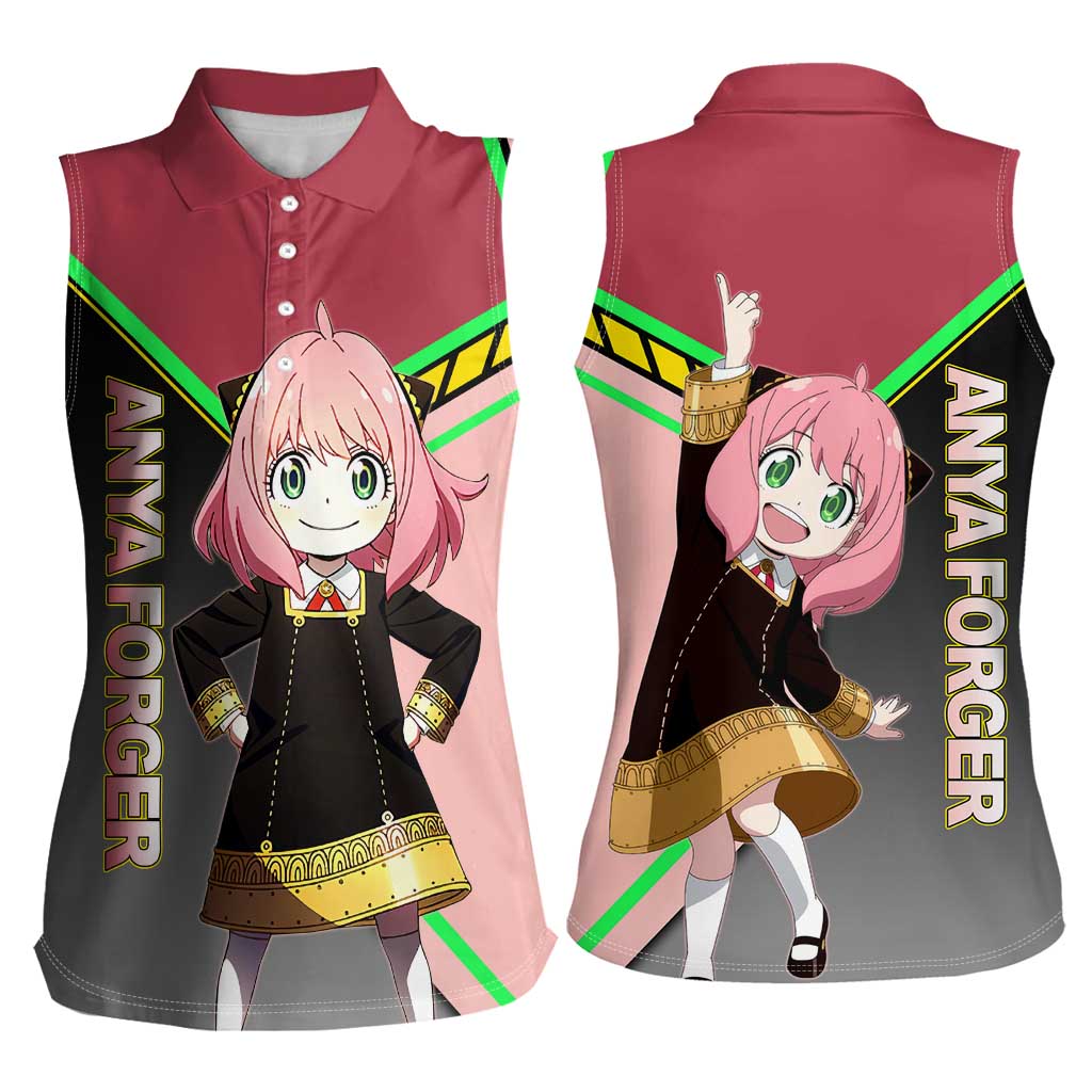 Anya Forger Spy x Family Pink and Black Theme Women Sleeveless Polo Shirt with Cheerful Pose and Cartoon Style Accents - The Mazicc