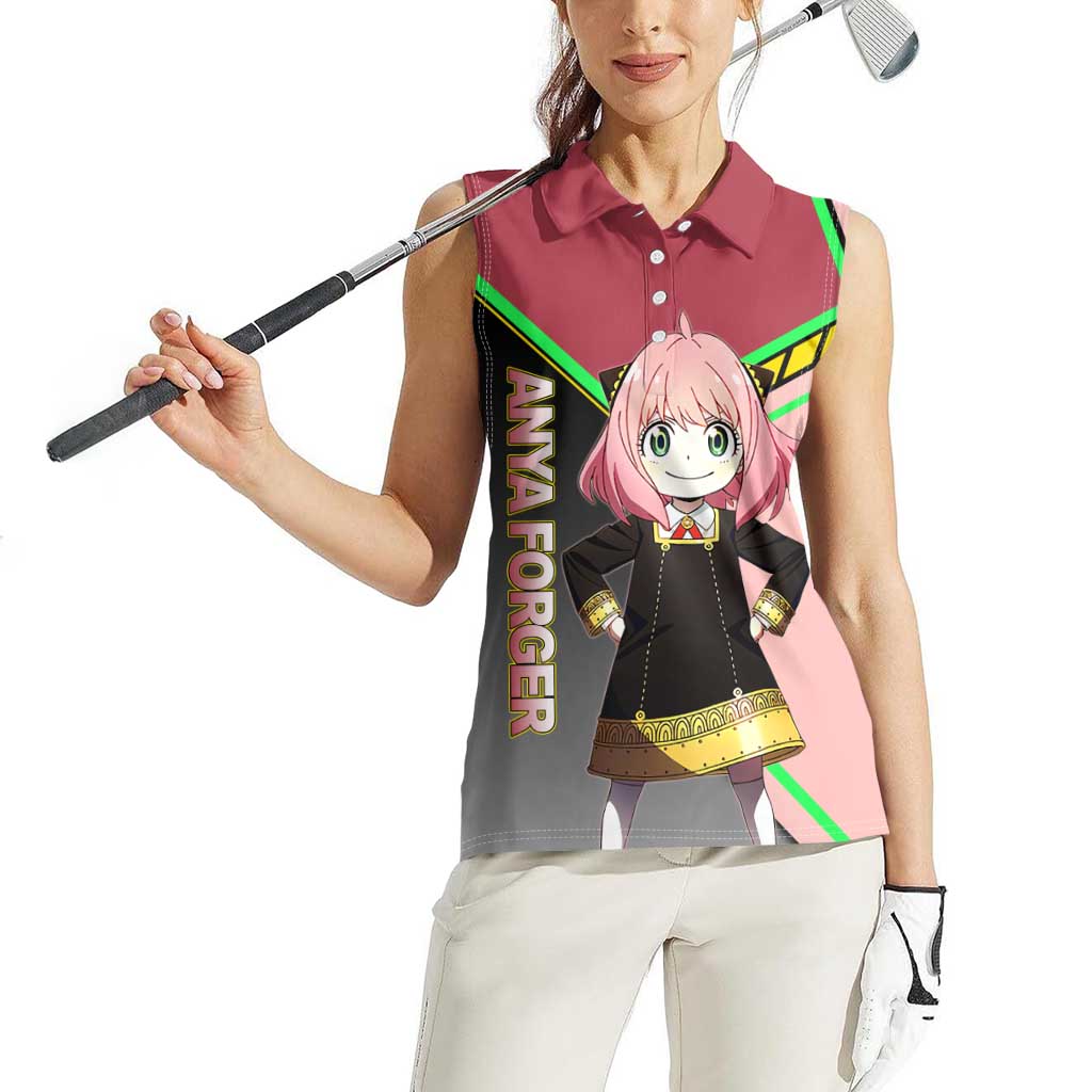 Anya Forger Spy x Family Pink and Black Theme Women Sleeveless Polo Shirt with Cheerful Pose and Cartoon Style Accents - The Mazicc