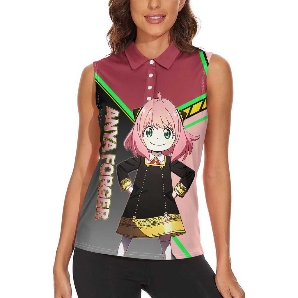 Anya Forger Spy x Family Pink and Black Theme Women Sleeveless Polo Shirt with Cheerful Pose and Cartoon Style Accents - The Mazicc