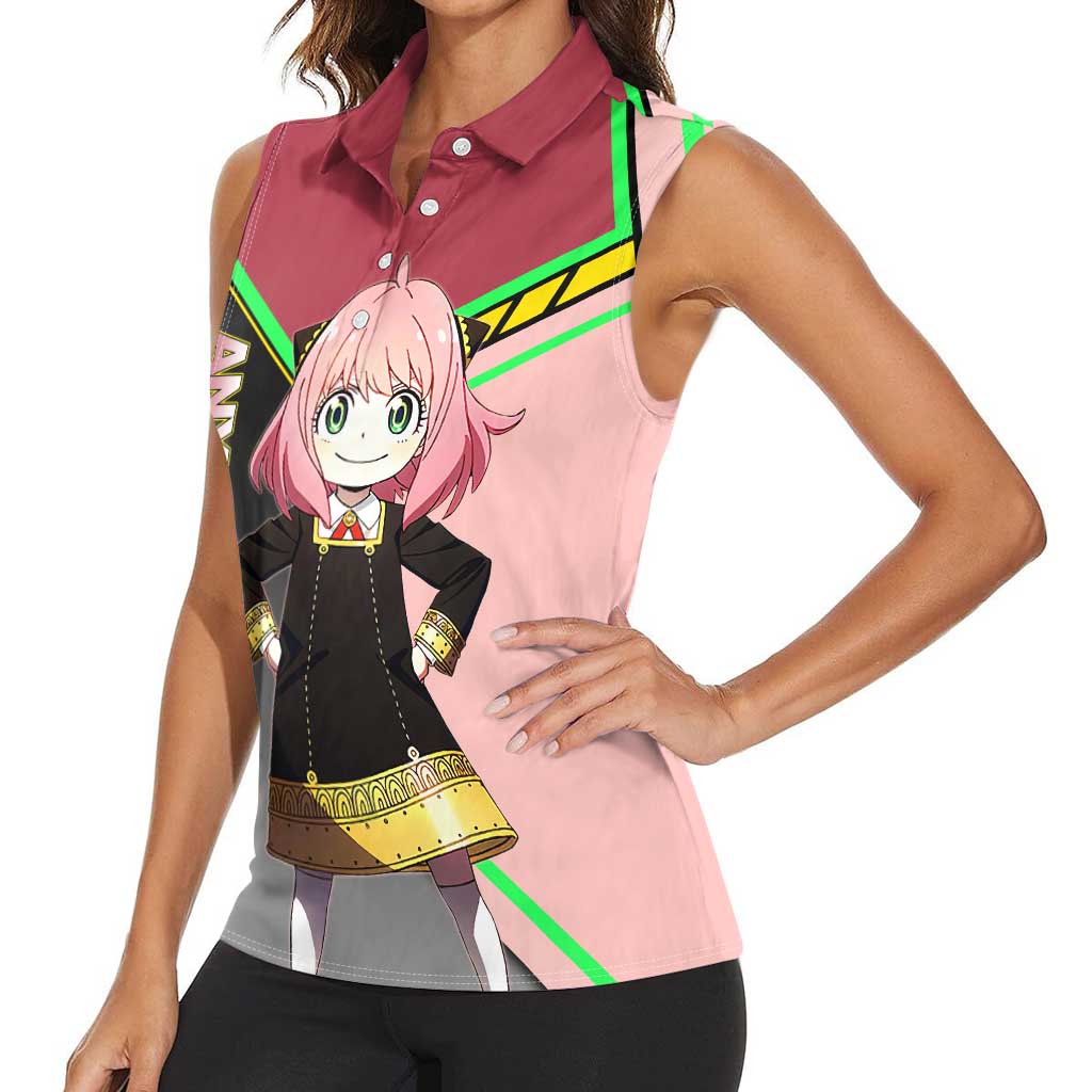 Anya Forger Spy x Family Pink and Black Theme Women Sleeveless Polo Shirt with Cheerful Pose and Cartoon Style Accents - The Mazicc