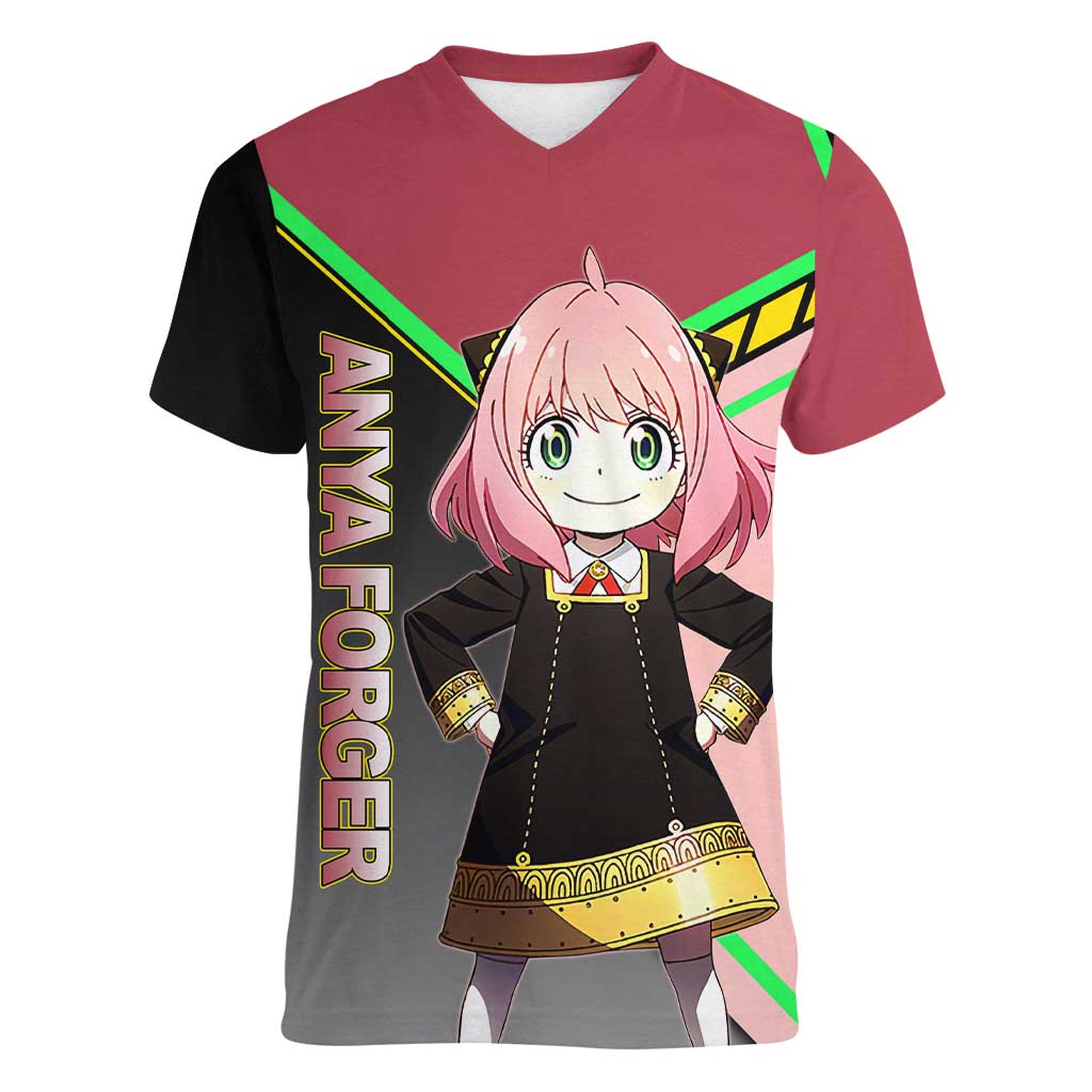Anya Forger Spy x Family Pink and Black Theme Women V-Neck T-Shirt with Cheerful Pose and Cartoon Style Accents - The Mazicc