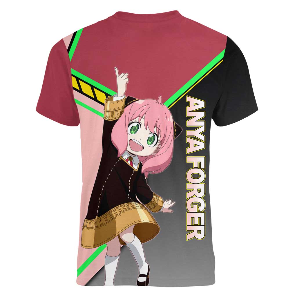 Anya Forger Spy x Family Pink and Black Theme Women V-Neck T-Shirt with Cheerful Pose and Cartoon Style Accents - The Mazicc