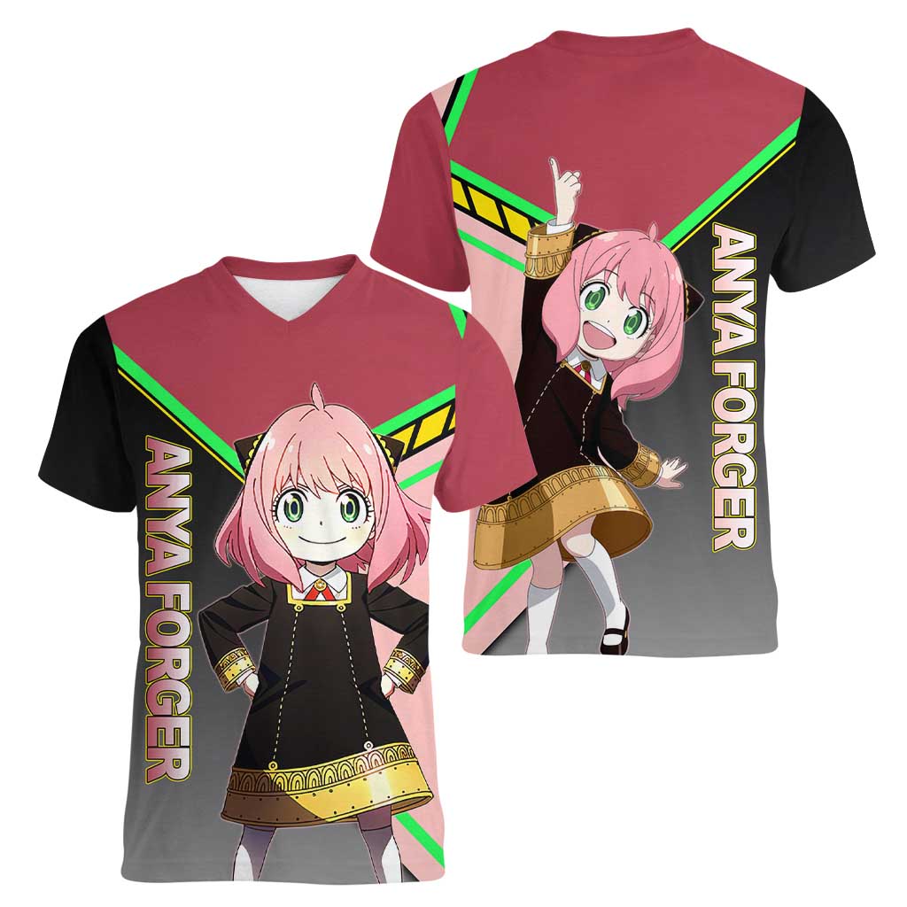 Anya Forger Spy x Family Pink and Black Theme Women V-Neck T-Shirt with Cheerful Pose and Cartoon Style Accents - The Mazicc