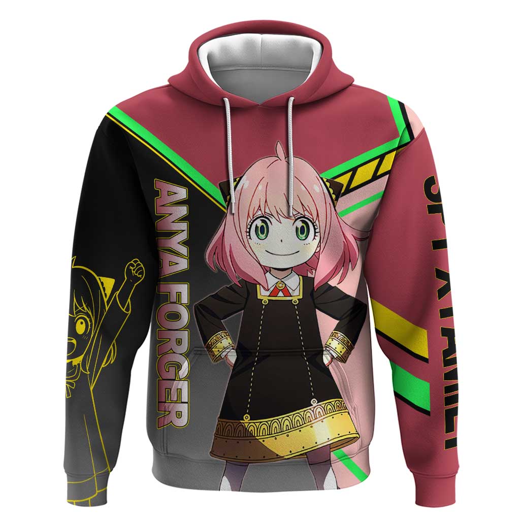 Anya Forger Spy x Family Pink and Black Theme Zip Hoodie with Cheerful Pose and Cartoon Style Accents - The Mazicc