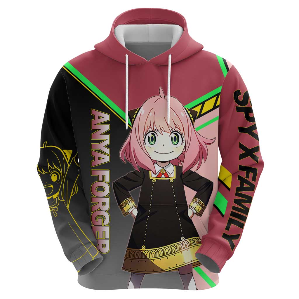 Anya Forger Spy x Family Pink and Black Theme Zip Hoodie with Cheerful Pose and Cartoon Style Accents - The Mazicc