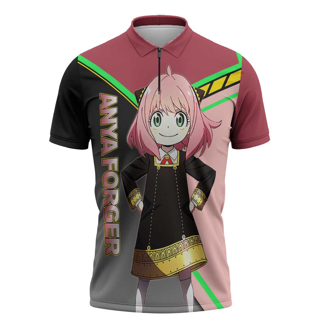 Anya Forger Spy x Family Pink and Black Theme Zipper Polo Shirt with Cheerful Pose and Cartoon Style Accents - The Mazicc