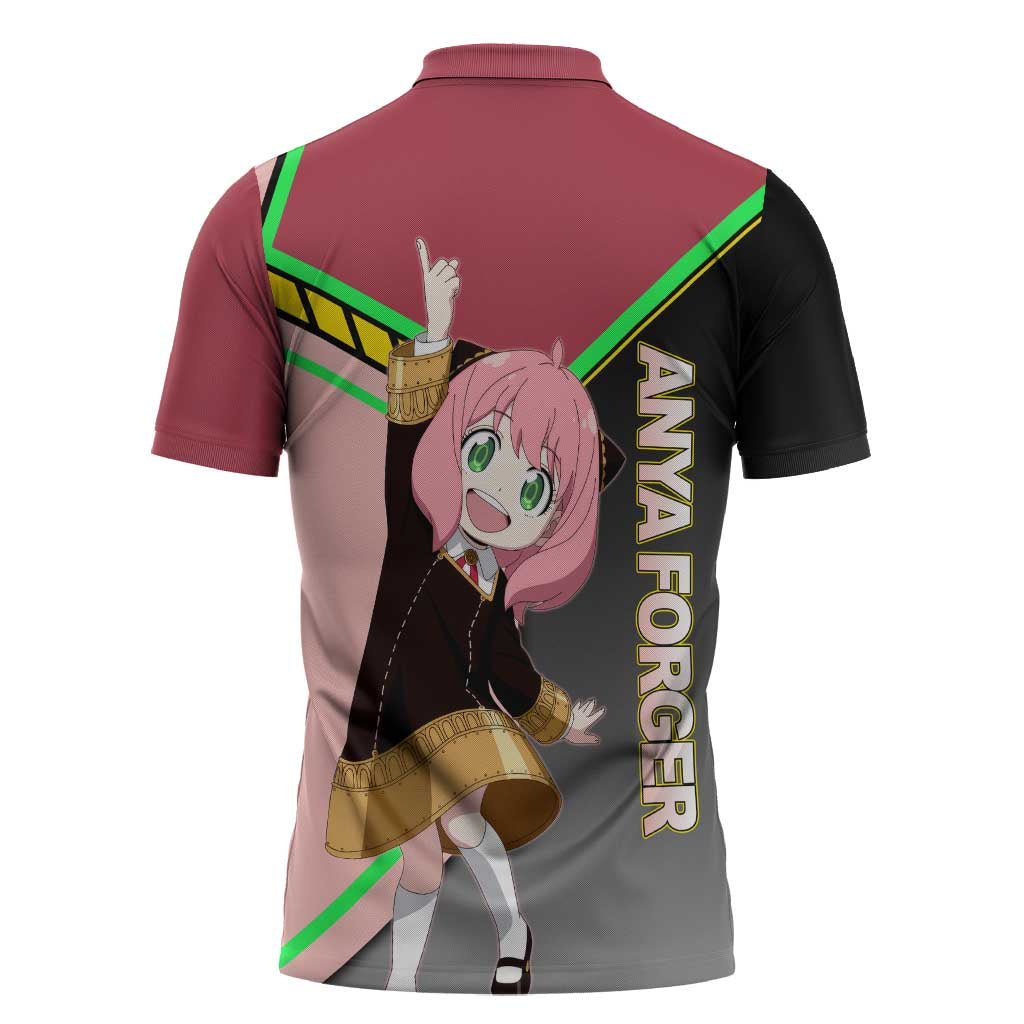 Anya Forger Spy x Family Pink and Black Theme Zipper Polo Shirt with Cheerful Pose and Cartoon Style Accents - The Mazicc