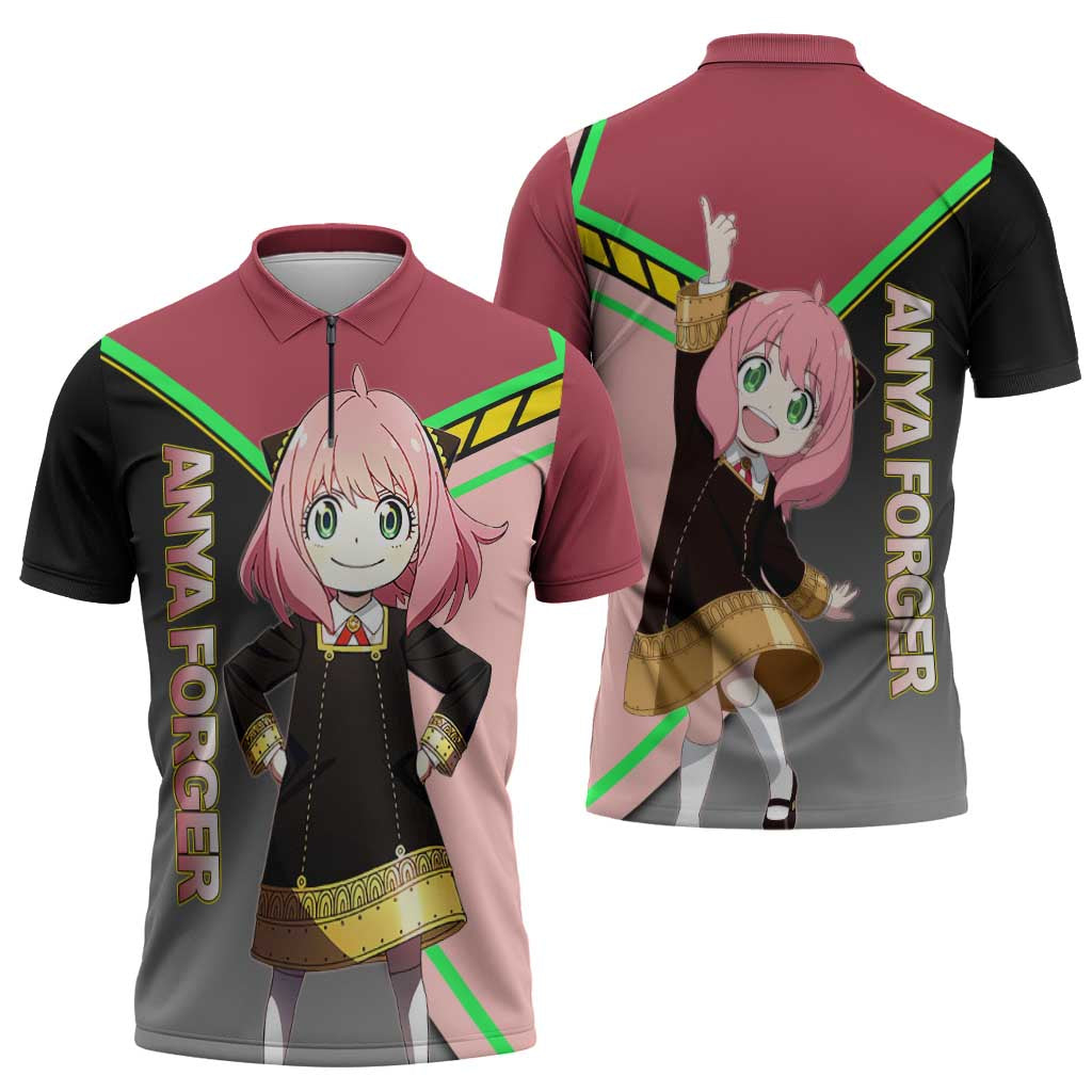 Anya Forger Spy x Family Pink and Black Theme Zipper Polo Shirt with Cheerful Pose and Cartoon Style Accents - The Mazicc