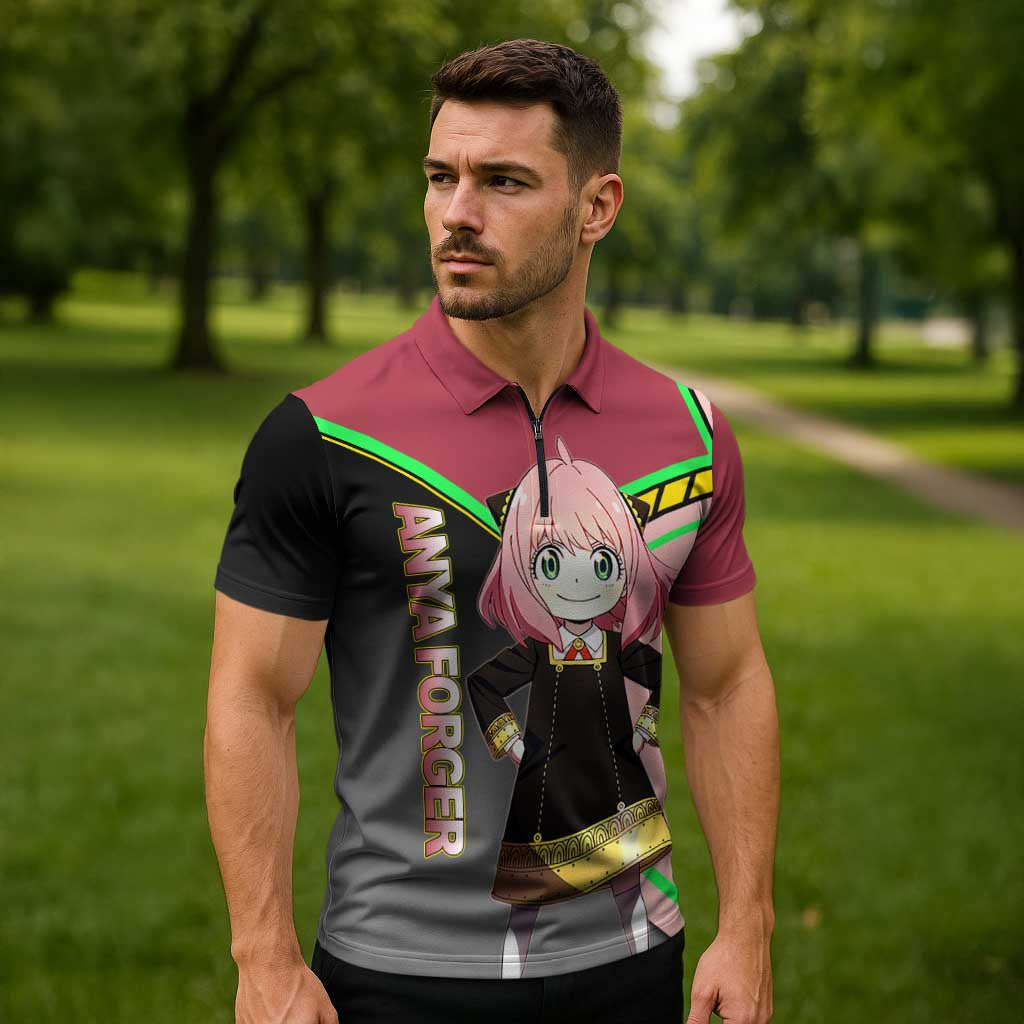 Anya Forger Spy x Family Pink and Black Theme Zipper Polo Shirt with Cheerful Pose and Cartoon Style Accents - The Mazicc
