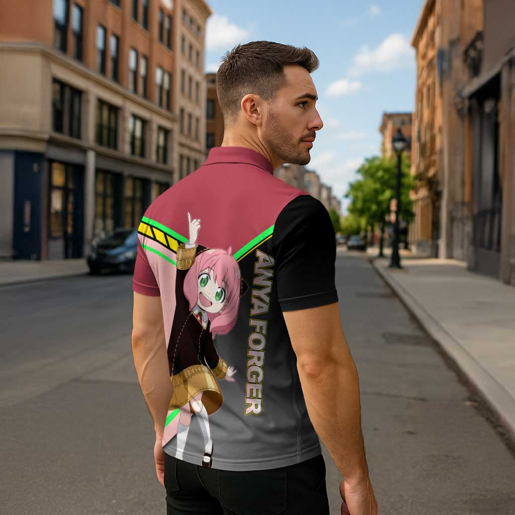 Anya Forger Spy x Family Pink and Black Theme Zipper Polo Shirt with Cheerful Pose and Cartoon Style Accents - The Mazicc