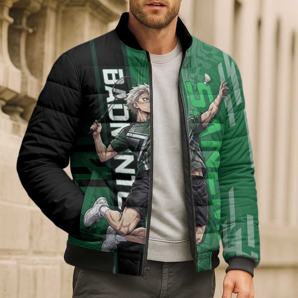 Personalized Shinazugawa Sanemi Badminton Bomber Puffer Jacket Design with Jump Shot Pose - The Mazicc